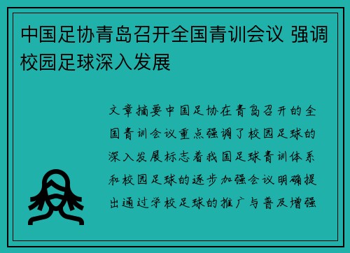 中国足协青岛召开全国青训会议 强调校园足球深入发展